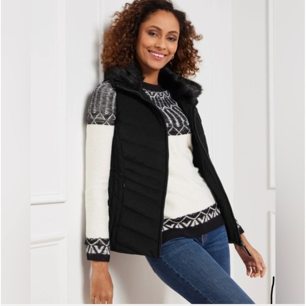 Talbots Plus Womens 2X Black Puffer Vest Faux Fur Collar Down Filled Quilted Zip